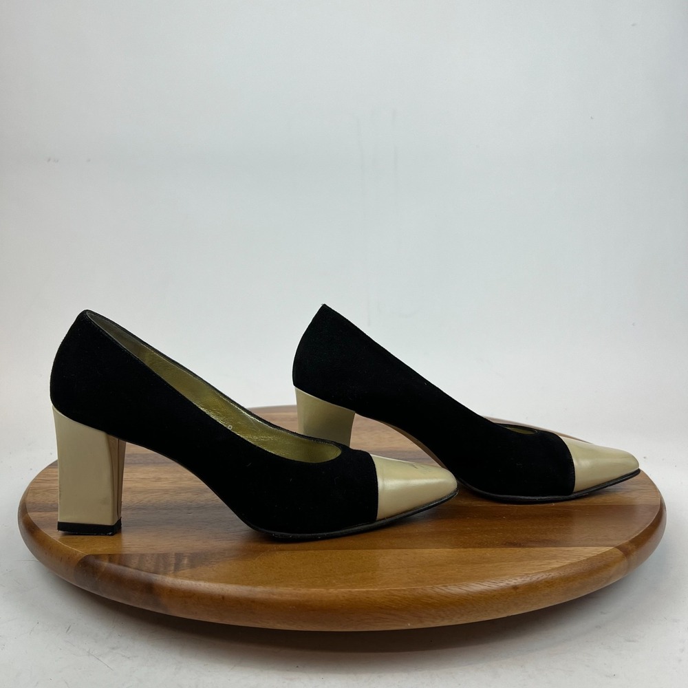 Vintage Womens Escada Black Suede Cap Toe Dress Pumps Shoes Heels‎ Size 6 B GUC